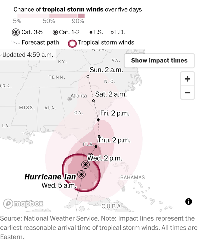 A map of Hurricane Ian and its projected path. The Hurricane is expected to hit the west coast around 5 am Wednesday.